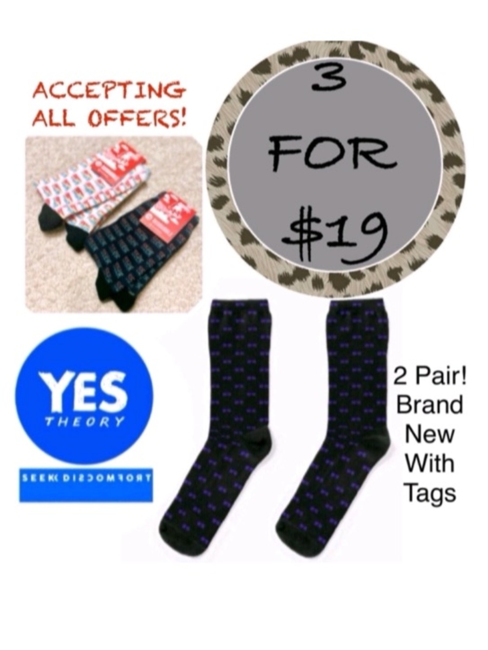 3/$19 NWT Bundle of 2 pair Yes Theory Seek Discomfort all over logo crew socks